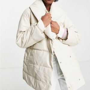 Stradivarius taux leather padded putter jacket with belt in ecru